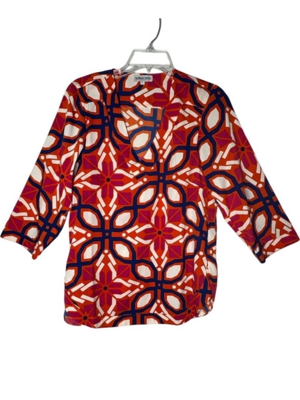 Buckhead Betties‎ Women Geometric V Neck Popover Top L Colorful Resort Summer